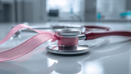 Resting silver stethoscope with burgundy tubing on white countertop in exam room, with pink ribbon