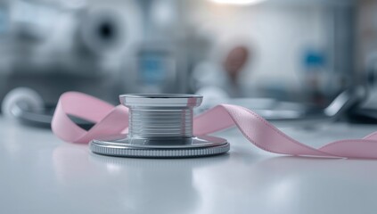 Metal stethoscope chest piece entwining with pink awareness ribbon in clinic, monitors behind