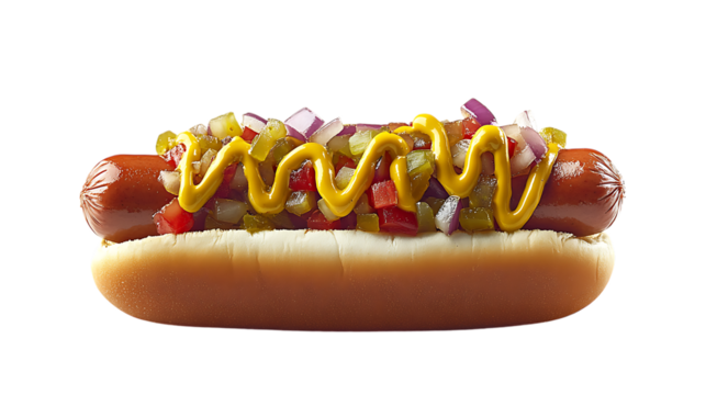 Delicious hotdog with mustard relish onions and tomatoes isolated on black background for fastfood restaurants  | png cutout isolated on a transparent backdrop - Powered by Adobe