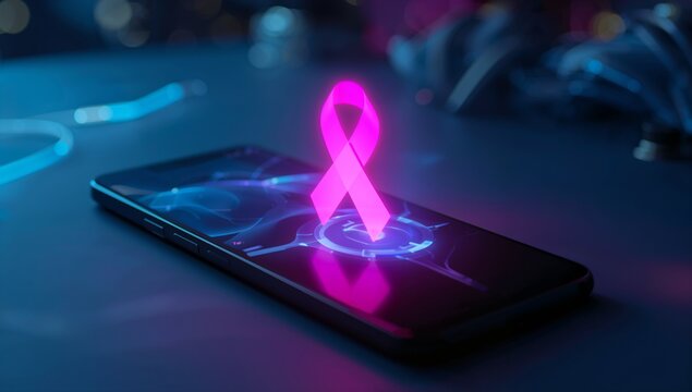 Smartphone displaying neon pink ribbon hologram at low-lit desk, with cables and electronics - Powered by Adobe
