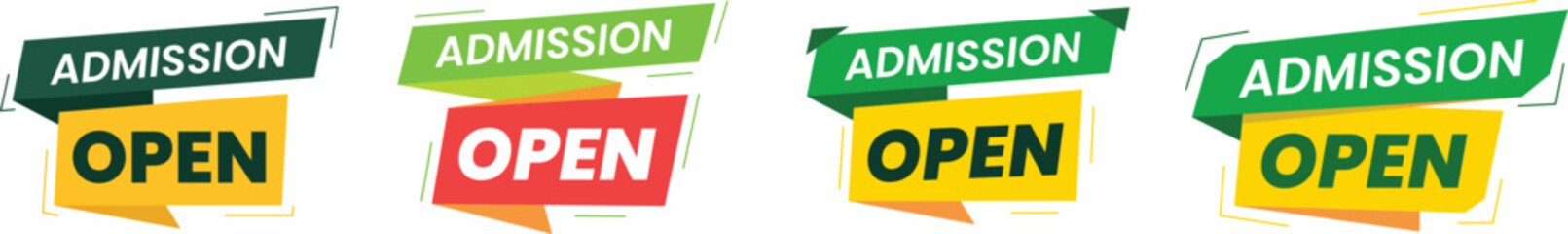 Admission open banner set collection with green red and yellow ribbon labels bold typography modern educational institute enrollment announcement school college vector design