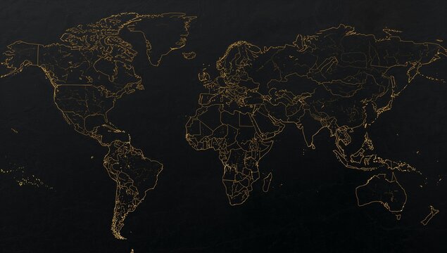 Displaying stylized world map projection glowing with gold border outlines on black textured canvas