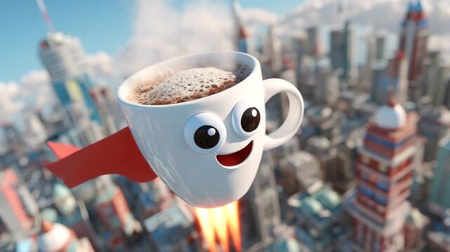 3D cartoon style coffee cup with eyes and a smile flying above a city with rocket flames coming from below.