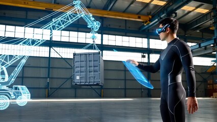 Asian Young Male Using AR Technology for Industrial Cargo Handling in Warehouse - Powered by Adobe