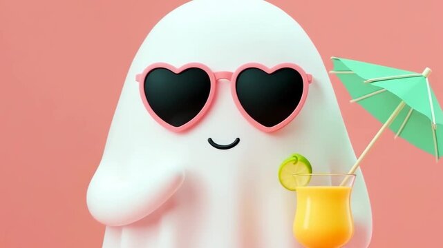 3D cartoon ghost character wearing pink heart shaped sunglasses and holding a tropical cocktail with umbrella on peach background.