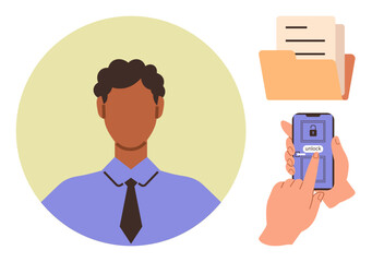 Professional in a tie, smartphone with unlock symbol, document folder. Ideal for digital identity, security, access control, workforce, privacy technology online safety. Clear simple flat metaphor