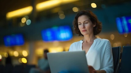 A professional woman analyzes data on her laptop in a modern airport lounge, surrounded by travelers and flight monitors, capturing a scene of focused productivity amidst quiet movement. - Powered by Adobe