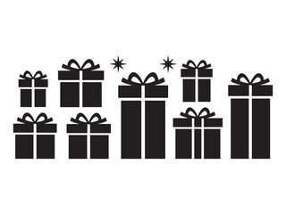 Gifts, party box, black silhouette on transparent background vector set