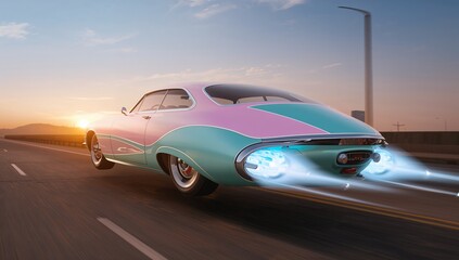Speeding pink teal coupe along highway at sunset, with guardrails lamp posts and rocket thrusters