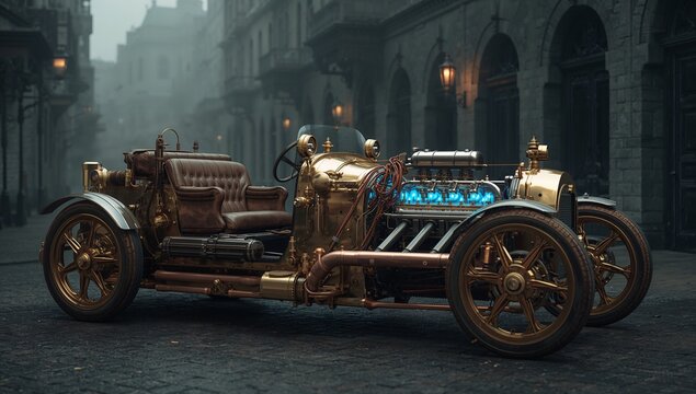 Showcasing steampunk vintage car featuring glowing blue engine on cobblestone street, exposed pipes - Powered by Adobe