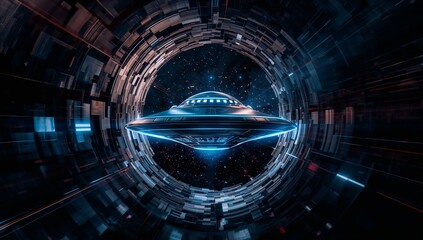 Hovering metallic disc-shaped spacecraft glowing blue inside space tunnel, star field background