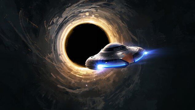 Approaching flying saucer ship near black hole, blue engines, golden accretion disk, cosmic debris