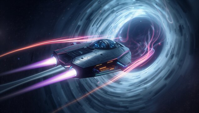 Hurtling spacecraft emitting purple energy trails into spiraling wormhole, with hull lights