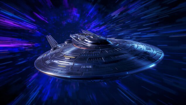 Zooming disc-shaped starship passing through warp tunnel, with light streaks and lit command module