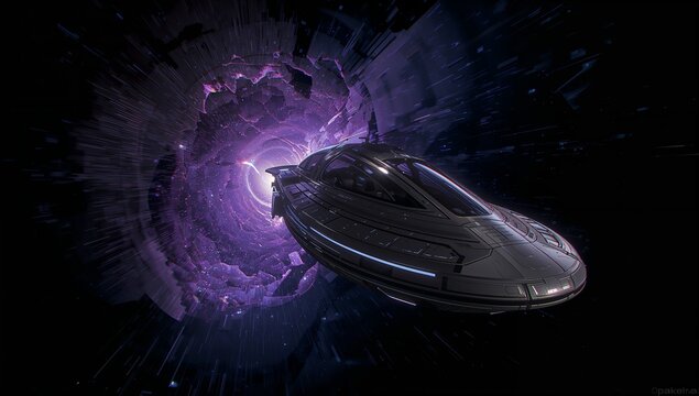 Gliding sleek metallic spacecraft heading toward purple portal with debris in space, copy space
