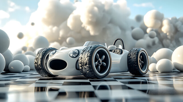 Whimsical white vintage race car poised on a black and white checkered board amidst surreal fluffy clouds and soft spheres