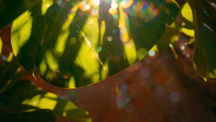 Filtering bright sun rays through single large green leaf in sunny garden, with lens flare circles