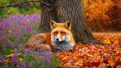 Fototapeta premium Reclining red fox lying among purple wildflowers, orange leaves on forest floor, with tree trunk