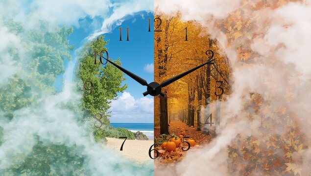 Showing analog clock merging beach and fall forest against swirling clouds, with pumpkins and waves