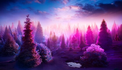 mystical forest illuminated by vibrant pink and purple glowing light surreal and enchanting landscape scene magical atmosphere with dense trees and ethereal energy
