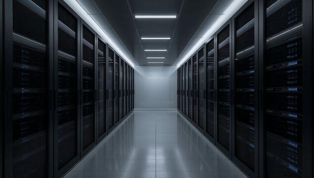 Empty data center corridor reflecting overhead LED panels, with server cabinets and blinking LEDs - Powered by Adobe