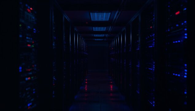 Illuminating server rack corridor in data center, with blinking LED indicators and vent panels