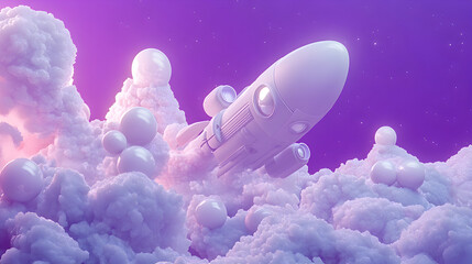 Abstract otherworldly organic formations with soft white textures glowing with purple and pink light against a vibrant purple background