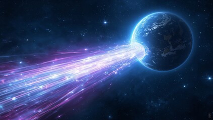 Fototapeta premium Displaying blue planet dominating space scene, with glowing portal and energy streams, copy space