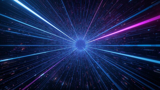 Radiating glowing sphere emitting neon blue magenta beams in hyperspace tunnel, showing particles - Powered by Adobe