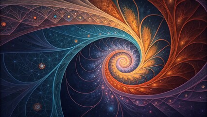 Naklejka premium Digital abstract painting of swirling lines and colors blending together in a cosmic design.