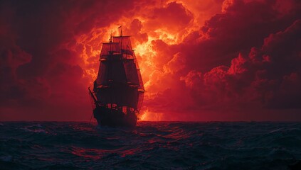 Fototapeta premium Cutting through rough sea under red sky, three-masted sailing ship showing furled sails and rigging