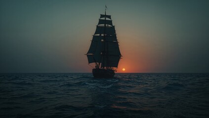 Obraz premium Sailing silhouette of tall multi-masted ship gliding across open ocean at sunset with rigging
