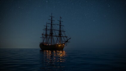 Obraz premium Floating three-masted wooden ship showing rigging on sea at night, with lit deck lights reflections