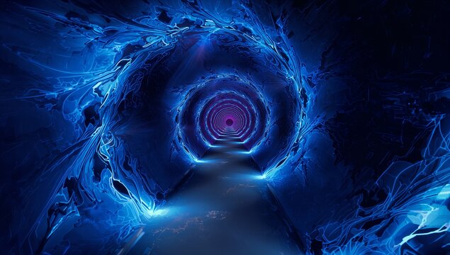 Glowing tunnel weaving swirling blue arches over glowing pathway in neon corridor, with purple glow - Powered by Adobe