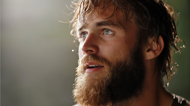 A man with a wet beard, the surprised scene illuminated by gentle sunlight. Man, beard, with copy space