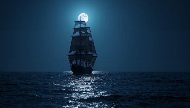 Drifting square-rigged ship silhouette moving on calm ocean under full moon, with masts and sails - Powered by Adobe