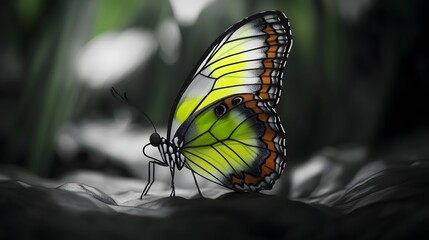 Vibrant Green Butterfly on Dark Leaf Closeup