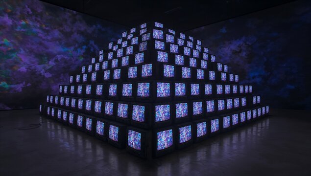 Displaying stepped pyramid of CRT televisions in dim gallery, with swirling color projections - Powered by Adobe
