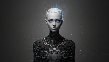 Standing humanoid AI merging with circuitry in virtual lab, with glitch particles and glowing eyes