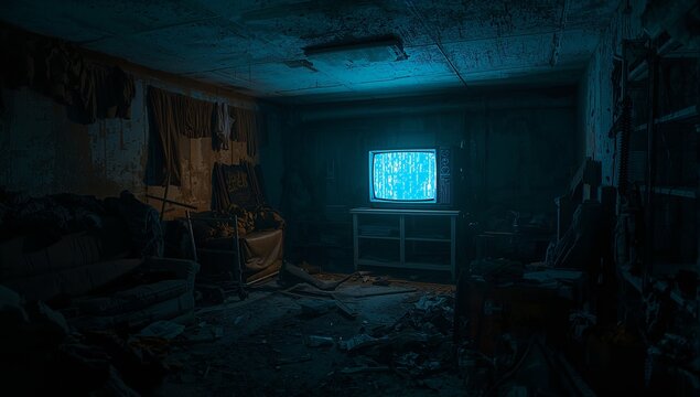 Emitting blue static small CRT TV casting cold glow over run-down basement, with hanging clothes - Powered by Adobe