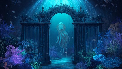 Hovering cephalopod creature exploring ancient gateway in coral reef, with ornate ironwork and fish