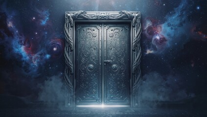 Glowing threshold light revealing ornate metal double door in nebula, with vine frame and mist