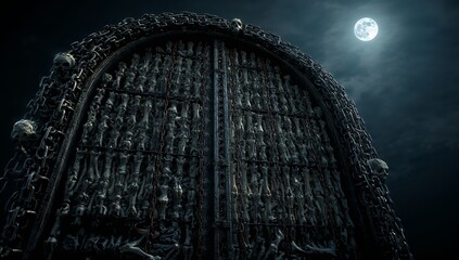 Looming massive skeletal gate holding rusted chains, skulls, bones at night, casting eerie shadows
