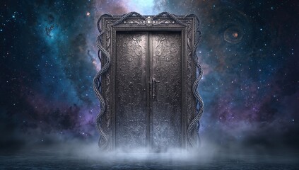 Standing metal double door glowing above misty reflective water at nebula sky, with braided frame