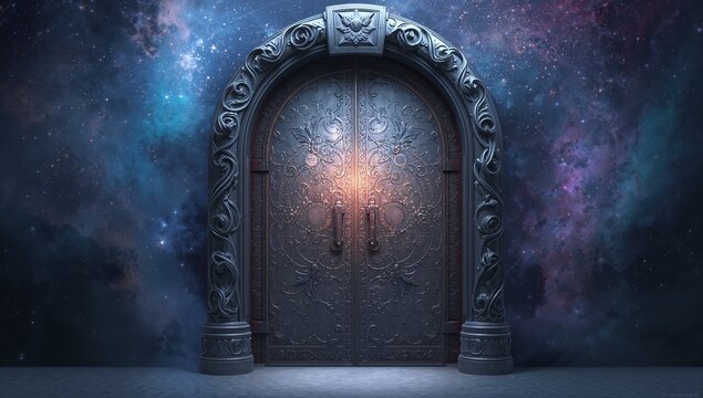 Standing metallic double door featuring embossed panels within arch, floating amid cosmic portal - Powered by Adobe