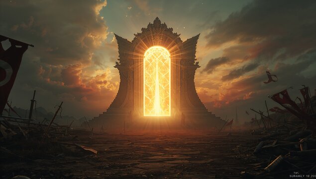 Radiating golden portal beams, ornate archway standing on field at dusk with swords, banners, dust - Powered by Adobe