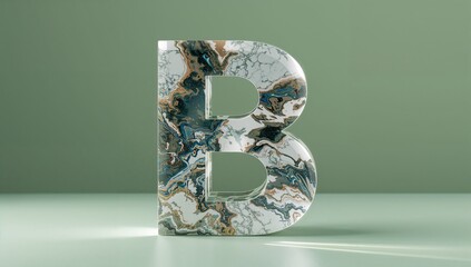 Standing 3D letter B showing glossy marble texture in minimalist studio space, with swirling colors