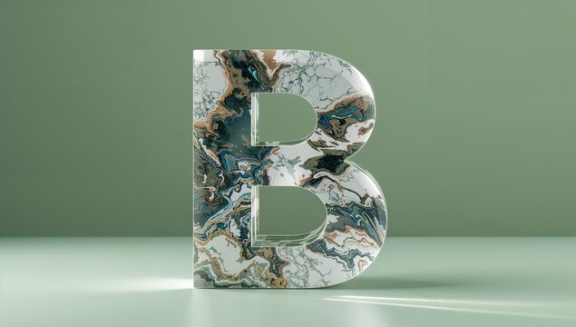 Standing 3D letter B showing glossy marble texture in minimalist studio space, with swirling colors - Powered by Adobe