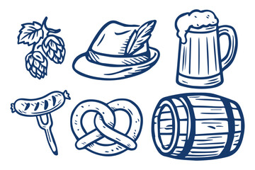 Vector set of Oktoberfest icons: beer mug, pretzel, bratwurst sausage, hops, barrel and Bavarian hat. Traditional German festival food and drink symbols in trendy outline style