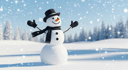Fototapeta premium The snowman with the black top hat is joyfully raising his arms in front of the snow-covered trees.